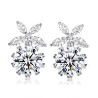 Brass Drop Earring Flower platinum plated for woman & with rhinestone nickel lead & cadmium free Sold By Pair
