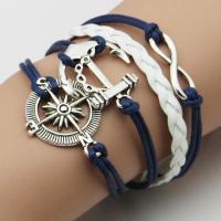 Tibetan Style Combined Bracelet, anchor & Ship Wheel & infinity, with Waxed Cotton Cord & PU Leather, with 1.5inch extender chain, silver color plated, Unisex & 4-strand, Sold Per Approx 7 Inch Strand