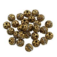 Rhinestone Brass Beads, Round, with rhinestone & hollow, original color, lead & cadmium free, 6mm, Hole:Approx 1mm, 27PCs/Bag, Sold By Bag