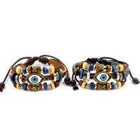 Leather Cord Bracelet, with Waxed Cotton Cord & Wood & Tibetan Style, Evil Eye, plated, Unisex & adjustable, more colors for choice, 6mm, Length:Approx 6.7-7.8 Inch, 10Strands/Lot, Sold By Lot