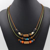 Wooden Necklace, Wood, with Tibetan Style bead & Cotton Cord, with 7.8Inch extender chain, plated, for woman & 3-strand, Length:Approx 19 Inch, 10Strands/Lot, Sold By Lot