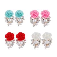 Zinc Alloy Stud Earring with Resin & Plastic Pearl Flower gold color plated for woman & with rhinestone Sold By Pair