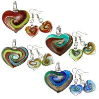 Lampwork Jewelry Set, pendant & earring, with Tibetan Style, Heart, silver color plated, for woman & gold foil, more colors for choice, 43x49mm, 46mm, 21x24mm, Hole:Approx 7mm, 10Sets/Lot, Sold By Lot