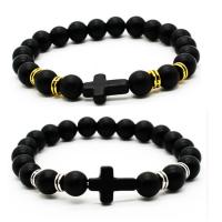 Natural Gemstone Bracelets Cross Black Agate & Lava & Turquoise plated & Unisex 8mm Sold Per Approx 7.5 Inch Strand