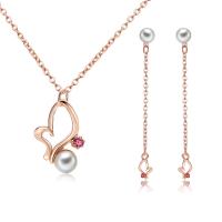 Tibetan Style Jewelry Set, earring & necklace, with ABS Plastic Pearl & iron chain, with 7cm extender chain, Heart, rose gold color plated, oval chain & for woman & with rhinestone, lead & cadmium free, 16x27mm, 8x70mm, Length:Approx 18 Inch, Sold By Set