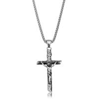 Roestvrij staal halskettingen, Crucifix Cross, uniseks & Christian Jewelry & box ketting & zwart maken, oorspronkelijke kleur, 28x54mm, Per verkocht Ca 21.5 inch Strand