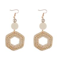 Rattan Drop Earring with Wood & Zinc Alloy stainless steel earring hook Hexagon gold color plated for woman Sold By Pair
