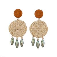Rattan Drop Earring with Glass & Wood & Zinc Alloy stainless steel post pin Flat Round gold color plated for woman & faceted Sold By Pair