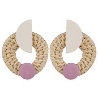 Rattan Drop Earring with Wood & Zinc Alloy stainless steel post pin Flat Round gold color plated for woman Sold By Pair
