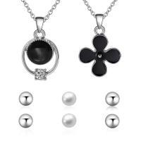 Zinc Alloy Jewelry Set earring & necklace with Glass Pearl with 1.9lnch extender chain Flower silver color plated oval chain & for woman & enamel & with rhinestone nickel lead & cadmium free  8mm Length Approx 17.7 Inch Sold By Set
