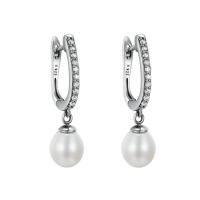 Thailand Sterling Silver Lever Back Earring, with Freshwater Pearl, micro pave cubic zirconia & for woman, 9x30mm, Sold By Pair