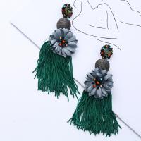 Cloth Tassel Earring with Cotton Thread & Zinc Alloy Flower gold color plated for woman & with rhinestone Sold By Pair