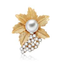 Zinc Alloy Brooch with ABS Plastic Pearl Leaf gold color plated for woman & with rhinestone lead & cadmium free Sold By PC
