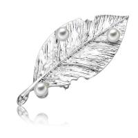 Tibetan Style Brooch, with ABS Plastic Pearl, Leaf, platinum color plated, for woman, lead & cadmium free, 38x85mm, Sold By PC