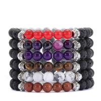 Natural Black Lava & Gemstone Bracelet with Zinc Alloy Spacer Goldstone & Tiger Eye & Turquoise & Red Agate & Amethyst antique silver color plated & for woman 100mm Sold Per Approx 7 Inch Strand