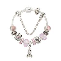 Zinc Alloy European Bracelet with Rhinestone Clay Pave & Crystal Bear silver color plated & snake chain & for woman & with rhinestone Sold By Strand