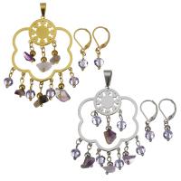 Stainless Steel Jewelry Set, pendant & earring, with Crystal & Amethyst, Flower, plated, for woman & faceted, more colors for choice, 37x58mm, 28mm, 6x11mm, Hole:Approx 4x7mm, Sold By Set