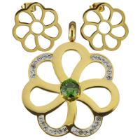 acier inoxydable parure de bijoux, pendentif & boucle d'oreille, avec argile, fleur, Placage de couleur d'or, pour femme, 36x43mm, 17.5x17.5mm, Trou:Environ 6mm, Vendu par fixé
