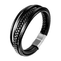 Läder Armband, med ROSTFRITT STÅL, Unisex & multi-strand, svart, Såld Per Ca 8.3 inch Strand