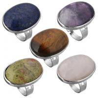 Unisex-Finger-Ring, Messing, mit Edelstein, flachoval, silberfarben plattiert, verschiedenen Materialien für die Wahl & einstellbar, frei von Nickel, Blei & Kadmium, 20.50x28mm, Größe:7-10, verkauft von PC