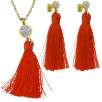 Stainless Steel Jewelry Set, earring & necklace, with Rhinestone Clay Pave & Nylon Cord, Tassel, gold color plated, oval chain & for woman, 10x18mm, 43mm, 2mm, 6x8.5mm, 43mm, Length:Approx 17 Inch, Sold By Set