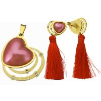 Stainless Steel Jewelry Set, pendant & earring, with Nylon Cord & Glass Pearl, Heart, gold color plated, for woman & with rhinestone, 36x41mm, 20x15mm, 42mm, Hole:Approx 4x7mm, Sold By Set