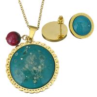 Stainless Steel Jewelry Set earring & necklace with Dyed Jade Flat Round gold color plated oval chain & for woman & epoxy gel 2mm 18mm Length Approx 19 Inch Sold By Set