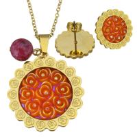 Stainless Steel Jewelry Set, earring & necklace, with Dyed Jade & Resin, Flower, gold color plated, oval chain & for woman, 34x36mm, 2mm, 18mm, Length:Approx 19 Inch, Sold By Set
