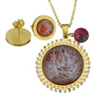 Stainless Steel Jewelry Set, earring & necklace, with Dyed Jade & Resin, Flower, gold color plated, drawbench & oval chain & for woman & with rhinestone, 36x38mm, 2mm, 14.5mm, Length:Approx 18 Inch, Sold By Set