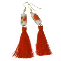 Stainless Steel Tassel Earring with Porcelain & Nylon Cord gold color plated for woman 88mm Sold By Pair