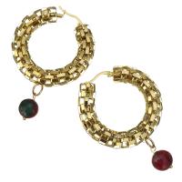 acier inoxydable boucle d'oreille cercle, avec Dyed Jade, Placage de couleur d'or, pour femme, 40x38mm, 10x15mm, Vendu par paire