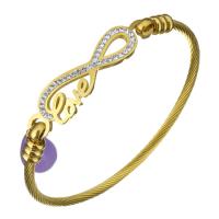 acier inoxydable bracelet ordinaire, avec argile & Dyed Jade, Infini, mot amour, Placage de couleur d'or, pour femme, 43x11mm, 3mm, Diamètre intérieur:Environ 60mm, Vendu par PC