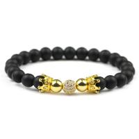 Black Stone Bracelet with Brass Round plated Unisex & micro pave cubic zirconia 8mm Sold Per Approx 7.5 Inch Strand