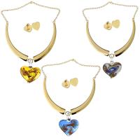 Stainless Steel Jewelry Set, fülbevaló & nyaklánc, -val Lampwork, Szív, arany színű aranyozott, csavarja ovális lánc & a nő, több színt a választás, 45x53mm, 3mm, 18x18mm, Hossz Kb 16 inch, Által értékesített Set