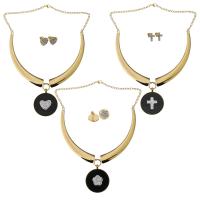 Stainless Steel Jewelry Set, earring & necklace, with Rhinestone Clay Pave, Flat Round, gold color plated, twist oval chain & different designs for choice & for woman & enamel, Length:Approx 16 Inch, Sold By Set