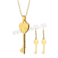 Fashion Stainless Steel Jewelry Sets, earring & necklace, with 5cm extender chain, Key, plated, oval chain & for woman, more colors for choice, 12x40mm,6x29mm, Length:Approx 17.7 Inch, Sold By Set