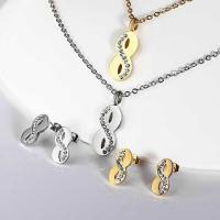 Fashion Stainless Steel Jewelry Sets, earring & necklace, with Rhinestone Clay Pave, with 5cm extender chain, Number 8, plated, oval chain & for woman, more colors for choice, 9x35mm,6x14mm, Length:Approx 17.7 Inch, Sold By Set