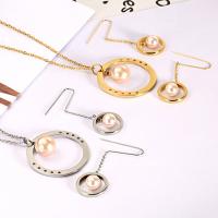 Fashion Stainless Steel Jewelry Sets, earring & necklace, with ABS Plastic Pearl, with 5cm extender chain, Round, plated, oval chain & for woman, more colors for choice, 35x40mm,17x58mm, Length:Approx 17.7 Inch, Sold By Set