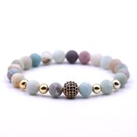 Natural Amazonite Bracelets, ​Amazonite​, with Elastic Thread, plated, Unisex & micro pave cubic zirconia & frosted, more colors for choice, 8mm, Sold Per Approx 7.5 Inch Strand