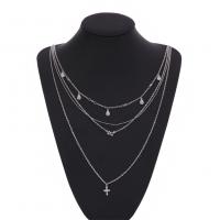 Zinklegierung Halskette, mit Eisenkette, Kreuz, Platinfarbe platiniert, Oval-Kette & für Frau & 4-Strang & mit Strass, frei von Blei & Kadmium, verkauft per ca. 14.5 ZollInch Strang
