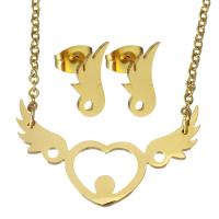 Fashion Stainless Steel Jewelry Sets, earring & necklace, Wing Shape, gold color plated, oval chain & for woman, 27x16mm, 1.5mm, 5.5x12mm, Length:Approx 17 Inch, Sold By Set