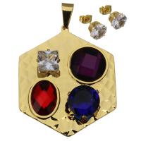 Stainless Steel Jewelry Set, pendant & earring, with Crystal, Hexagon, gold color plated, for woman & faceted, 38x45mm, 8mm, Hole:Approx 5x8mm, Sold By Set