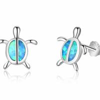 925 Sterling Silver Stud Earring with Opal Turtle Unisex Sold By Pair