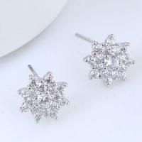 Brass Stud Earring Flower platinum plated micro pave cubic zirconia & for woman nickel lead & cadmium free 10mm Sold By Pair