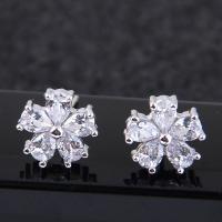 Brass Stud Earring, Flower, platinum plated, for woman & with cubic zirconia, nickel, lead & cadmium free, 10mm, Sold By Pair