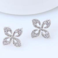 Brass Stud Earring, Flower, platinum plated, micro pave cubic zirconia & for woman, nickel, lead & cadmium free, 13mm, Sold By Pair