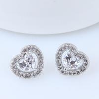 Brass Stud Earring Heart platinum plated for woman & with cubic zirconia nickel lead & cadmium free 10mm Sold By Pair