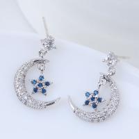 Brass Drop Earring Moon and Star platinum plated for woman & with cubic zirconia nickel lead & cadmium free Sold By Pair