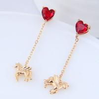 Brass Drop Earring Horse real gold plated for woman & with cubic zirconia nickel lead & cadmium free Sold By Pair