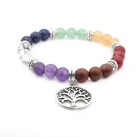 Mixed Natural Gemstone Bracelet with Zinc Alloy Lucky Tree Charms silver color plated Unisex & ball chain Sold By Lot